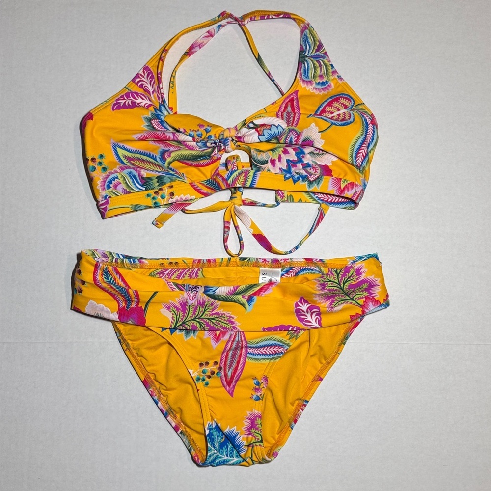 SUNSETS Yellow Floral Bikini- Brandi Bralette size D;Unforgettable Bottom size S